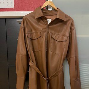 Zara brown faux leather belted button down overshirt